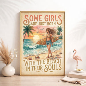 Beach Soul Surf Poster – Tropical Sunset Surf Girl Wall Art - FlamingoAholic