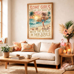 Beach Soul Surf Poster – Tropical Sunset Surf Girl Wall Art - FlamingoAholic