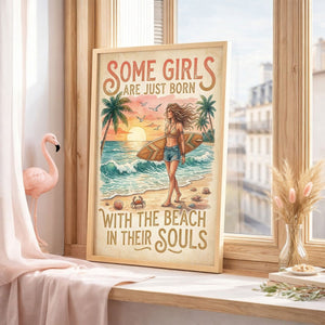 Beach Soul Surf Poster – Tropical Sunset Surf Girl Wall Art - FlamingoAholic