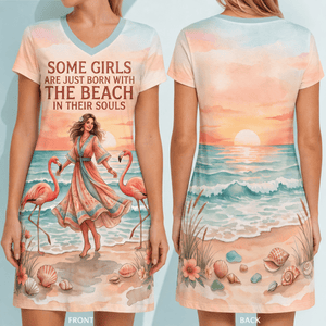 Beach Soul Women's Fine Jersey V-Neck Dress | Flamingo Coastal Sunset Dress - FlamingoAholic