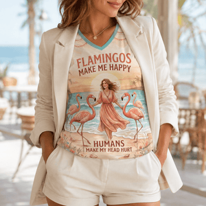 Flamingo V-Neck Shirt for Women, Tropical Beach T-Shirt, Pink Flamingo Tee, Funny Coastal Summer Shirt, Flamingo Lover Gift - FlamingoAholic