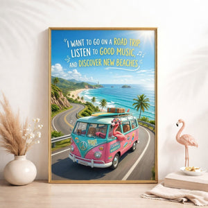 Flamingo Wanderlust Road Trip Poster – Pink Beach Travel Wall Art - FlamingoAholic