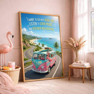 Flamingo Wanderlust Road Trip Poster – Pink Beach Travel Wall Art - FlamingoAholic