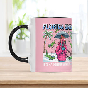 Funny "It's Raining Iguanas" Personalized Flamingo Coffee Mug - Florida Snow Accent Mug - FlamingoAholic