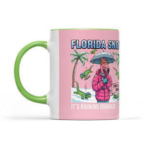 Funny "It's Raining Iguanas" Personalized Flamingo Coffee Mug - Florida Snow Accent Mug - FlamingoAholic