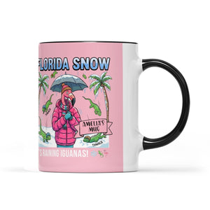 Funny "It's Raining Iguanas" Personalized Flamingo Coffee Mug - Florida Snow Accent Mug - FlamingoAholic