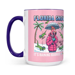 Funny "It's Raining Iguanas" Personalized Flamingo Coffee Mug - Florida Snow Accent Mug - FlamingoAholic
