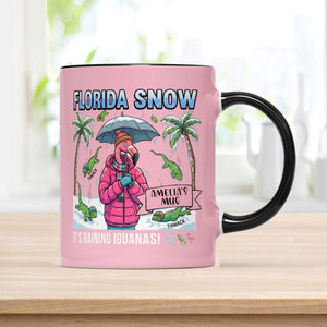 Funny "It's Raining Iguanas" Personalized Flamingo Coffee Mug - Florida Snow Accent Mug - FlamingoAholic