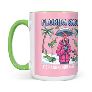 Funny "It's Raining Iguanas" Personalized Flamingo Coffee Mug - Florida Snow Accent Mug - FlamingoAholic