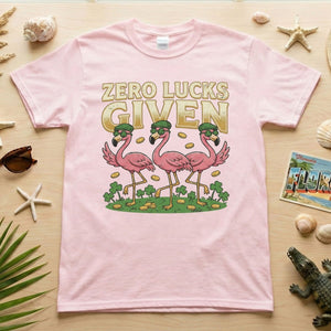 Leprechaun Flamingo Zero Lucks Given St. Patrick's Day T-Shirt - Funny Irish Beer Party Tee for Her - FlamingoAholic