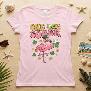 One Leg Sober St. Patrick's Day Flamingo T-Shirt - Funny Irish Beer Party Tee for Her - FlamingoAholic