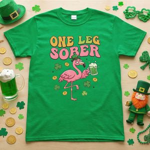 One Leg Sober St. Patrick's Day Flamingo T-Shirt - Funny Irish Beer Party Tee for Her - FlamingoAholic