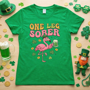 One Leg Sober St. Patrick's Day Flamingo T-Shirt - Funny Irish Beer Party Tee for Her - FlamingoAholic