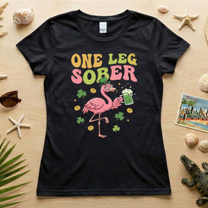One Leg Sober St. Patrick's Day Flamingo T-Shirt - Funny Irish Beer Party Tee for Her - FlamingoAholic