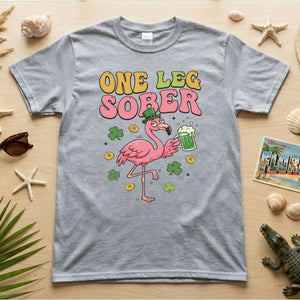 One Leg Sober St. Patrick's Day Flamingo T-Shirt - Funny Irish Beer Party Tee for Her - FlamingoAholic