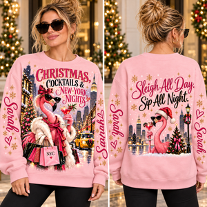 Personalized Christmas Cocktails & New York Nights Flamingo Sweater & Hoodie - FlamingoAholic
