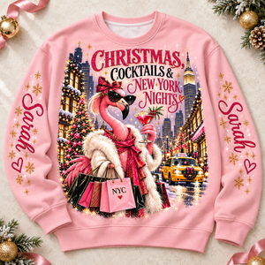 Personalized Christmas Cocktails & New York Nights Flamingo Sweater & Hoodie - FlamingoAholic