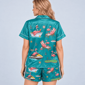 Personalized Cruisin' with My Flock Flamingo Cruise Satin Pajama Set for Women - FlamingoAholic