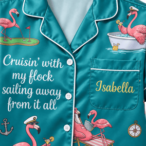 Personalized Cruisin' with My Flock Flamingo Cruise Satin Pajama Set for Women - FlamingoAholic