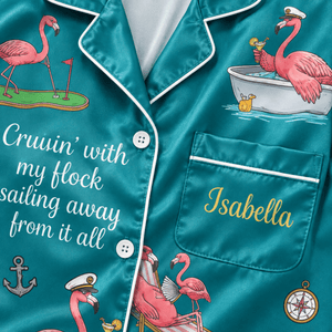 Personalized Cruisin' with My Flock Flamingo Cruise Satin Pajama Set for Women - FlamingoAholic