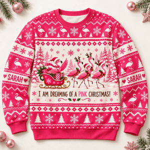 Personalized Dreaming of a Pink Christmas Flamingo Sweater & Hoodie - FlamingoAholic