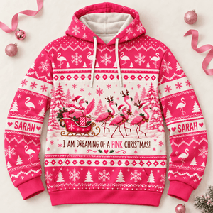Personalized Dreaming of a Pink Christmas Flamingo Sweater & Hoodie - FlamingoAholic
