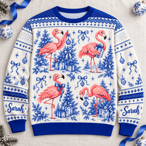 Personalized Flamingo Christmas Tree Toile de Jouy Knitted Sweater & Cardigan - FlamingoAholic