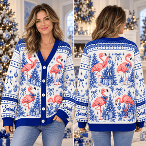 Personalized Flamingo Christmas Tree Toile de Jouy Knitted Sweater & Cardigan - FlamingoAholic