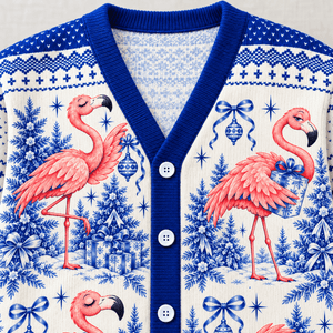 Personalized Flamingo Christmas Tree Toile de Jouy Knitted Sweater & Cardigan - FlamingoAholic