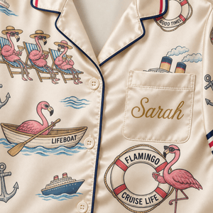 Personalized Flamingo Cruise & Relax Satin Pajama Set for Women - FlamingoAholic