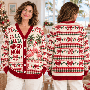 Personalized Flamingo Mom Christmas Sweater & Cardigan With Kids Names - FlamingoAholic
