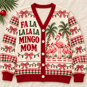 Personalized Flamingo Mom Christmas Sweater & Cardigan With Kids Names - FlamingoAholic