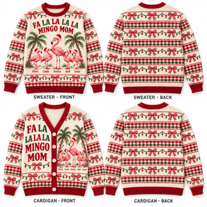 Personalized Flamingo Mom Christmas Sweater & Cardigan With Kids Names - FlamingoAholic
