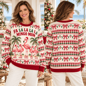 Personalized Flamingo Mom Christmas Sweater & Cardigan With Kids Names - FlamingoAholic