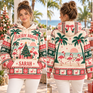 Personalized Flockin’ Around The Christmas Tree Flamingo Sweater & Hoodie - FlamingoAholic