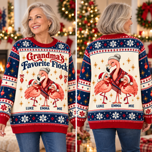 Personalized Grandma's Favorite Flock Christmas Sweater & Cardigan With Grandkids Names - FlamingoAholic