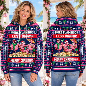 Personalized More Flamingos Less Drama Christmas Sweater & Hoodie - FlamingoAholic