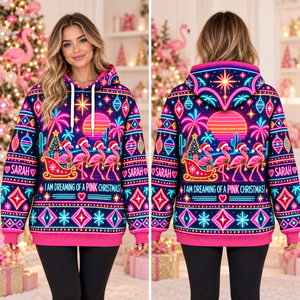 Personalized Neon Pink Christmas Flamingo Sweater & Hoodie - FlamingoAholic