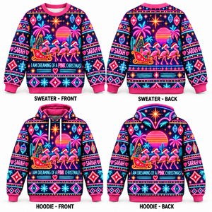 Personalized Neon Pink Christmas Flamingo Sweater & Hoodie - FlamingoAholic