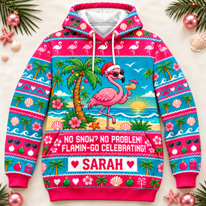Personalized No Snow No Problem Flamingo Christmas Sweater & Hoodie - FlamingoAholic