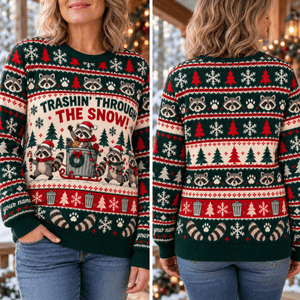 Personalized Raccoon Knitted Sweater & Cardigan – Trashin' Through the Snow - FlamingoAholic