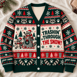 Personalized Raccoon Knitted Sweater & Cardigan – Trashin' Through the Snow - FlamingoAholic