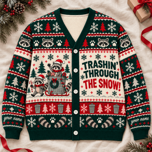 Personalized Raccoon Knitted Sweater & Cardigan – Trashin' Through the Snow - FlamingoAholic