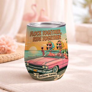 Retro Funny Personalized Flamingo Wine Tumbler - Custom Name "Besties Road Trip" Gift - FlamingoAholic