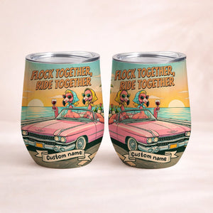 Retro Funny Personalized Flamingo Wine Tumbler - Custom Name "Besties Road Trip" Gift - FlamingoAholic