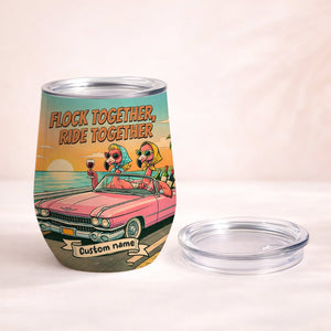 Retro Funny Personalized Flamingo Wine Tumbler - Custom Name "Besties Road Trip" Gift - FlamingoAholic