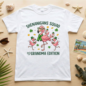 St. Patrick's Day Shenanigans Squad Flamingo Grandma T-Shirt - Lucky Irish Family Matching Gift - FlamingoAholic