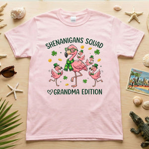 St. Patrick's Day Shenanigans Squad Flamingo Grandma T-Shirt - Lucky Irish Family Matching Gift - FlamingoAholic