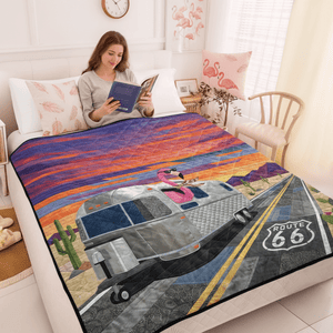 Vibrant Desert Sunset Flamingo Quilt Blanket - Route 66 RV Camper Decor - FlamingoAholic