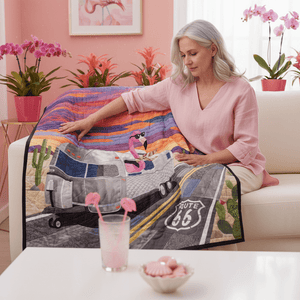 Vibrant Desert Sunset Flamingo Quilt Blanket - Route 66 RV Camper Decor - FlamingoAholic